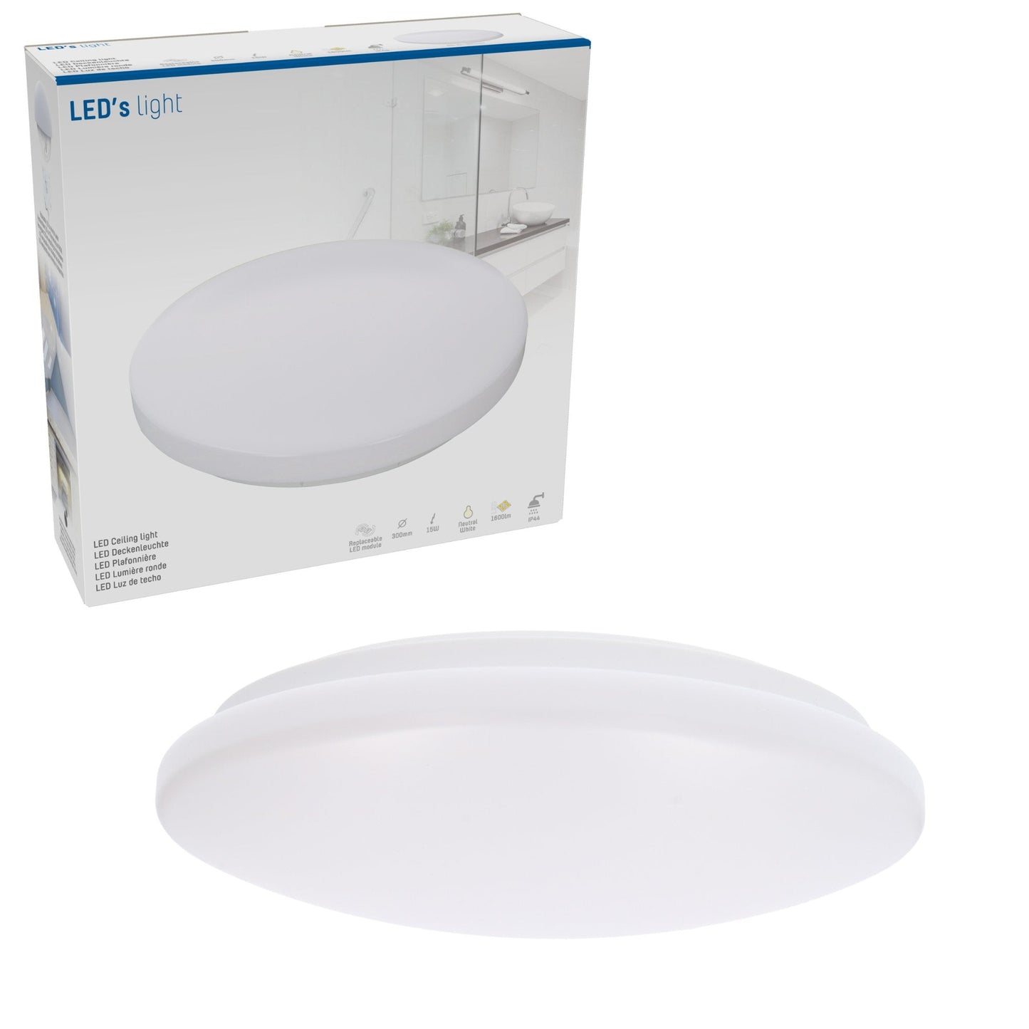 Een witte, ronde LED plafondlamp met glad oppervlak, geplaatst naast haar verpakking. Geschikt voor moderne badkamers of woonkamers, met zichtbare productdetails op de doos.