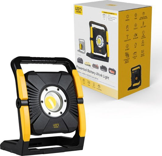 LED's Work 18V Acculamp Werklamp - Incl Adapters - LED Werklamp 5000lm – Klasse 3 • IP54 • IK08 • Dimbaar • Compatibel met Makita, Bosch, DeWalt & Metabo