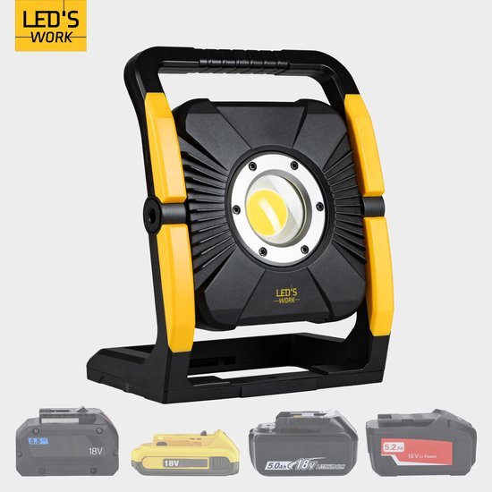 LED's Work 18V Acculamp Werklamp - Incl Adapters - LED Werklamp 5000lm – Klasse 3 • IP54 • IK08 • Dimbaar • Compatibel met Makita, Bosch, DeWalt & Metabo