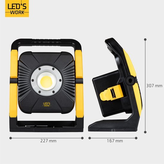 Zwart en geel LED’S WORK batterijlamp met COB-lichtbron, geschikt voor werktuigensystemen. Toepasbaar voor MetaBo, Dewalt, Bosch en Makita, met specifieke montageplaten voor professioneel gebruik.