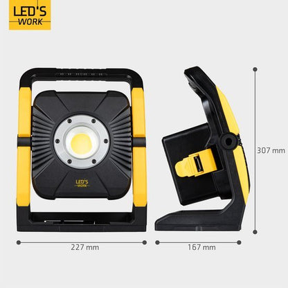 Zwart en geel LED’S WORK batterijlamp met COB-lichtbron, geschikt voor werktuigensystemen. Toepasbaar voor MetaBo, Dewalt, Bosch en Makita, met specifieke montageplaten voor professioneel gebruik.