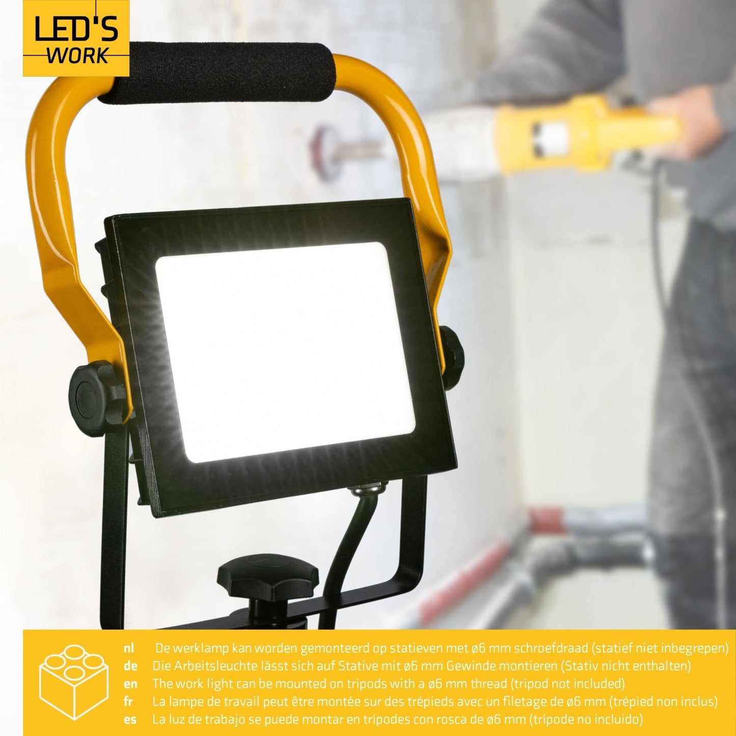 LED's Work 50W Bouwlamp Werklamp Bedraad 4900lm - Verstelbare beugel - Waterdicht (IP65) - Zwart geel