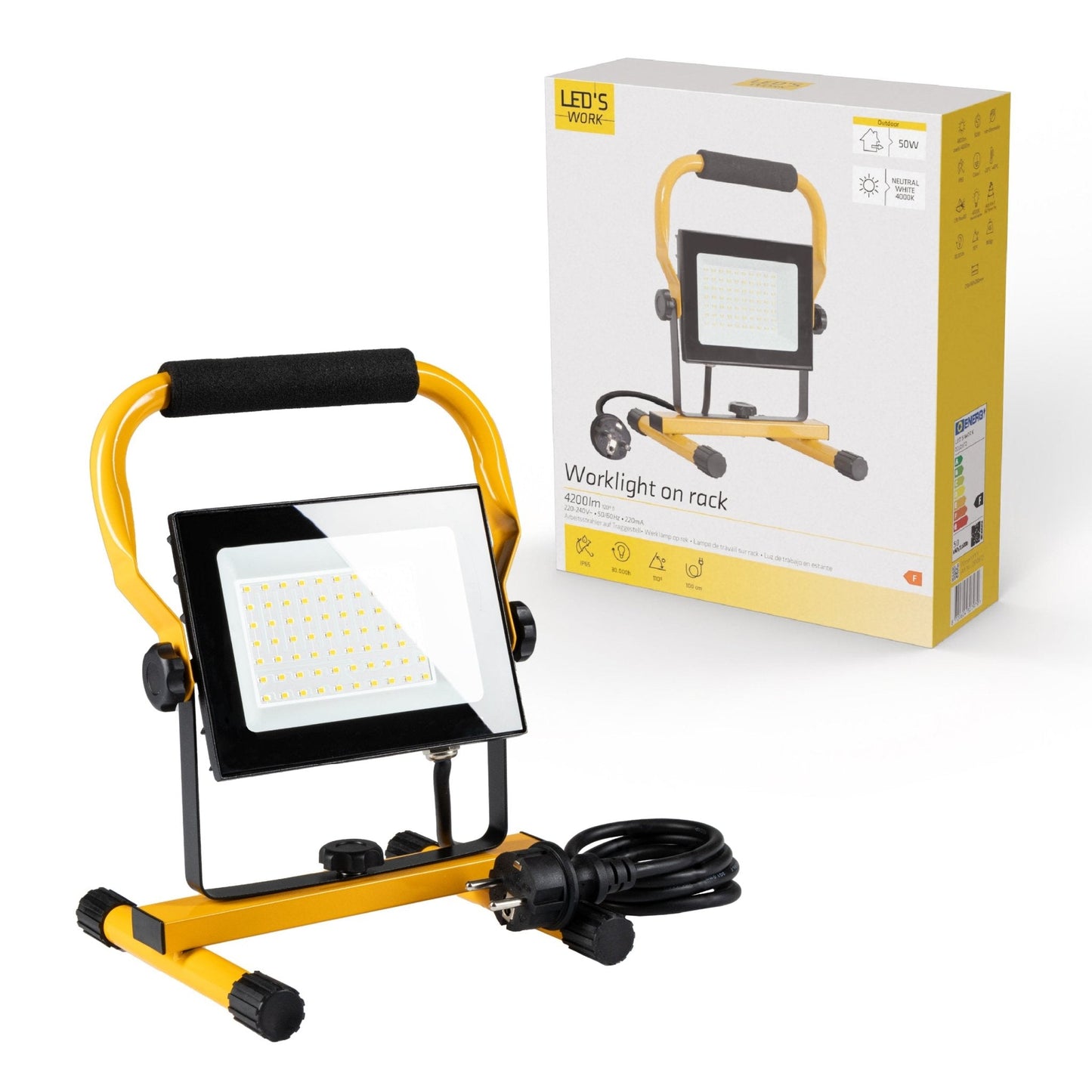 LED's Work 50W Bouwlamp Werklamp Bedraad 4900lm - Verstelbare beugel - Waterdicht (IP65) - Zwart geel