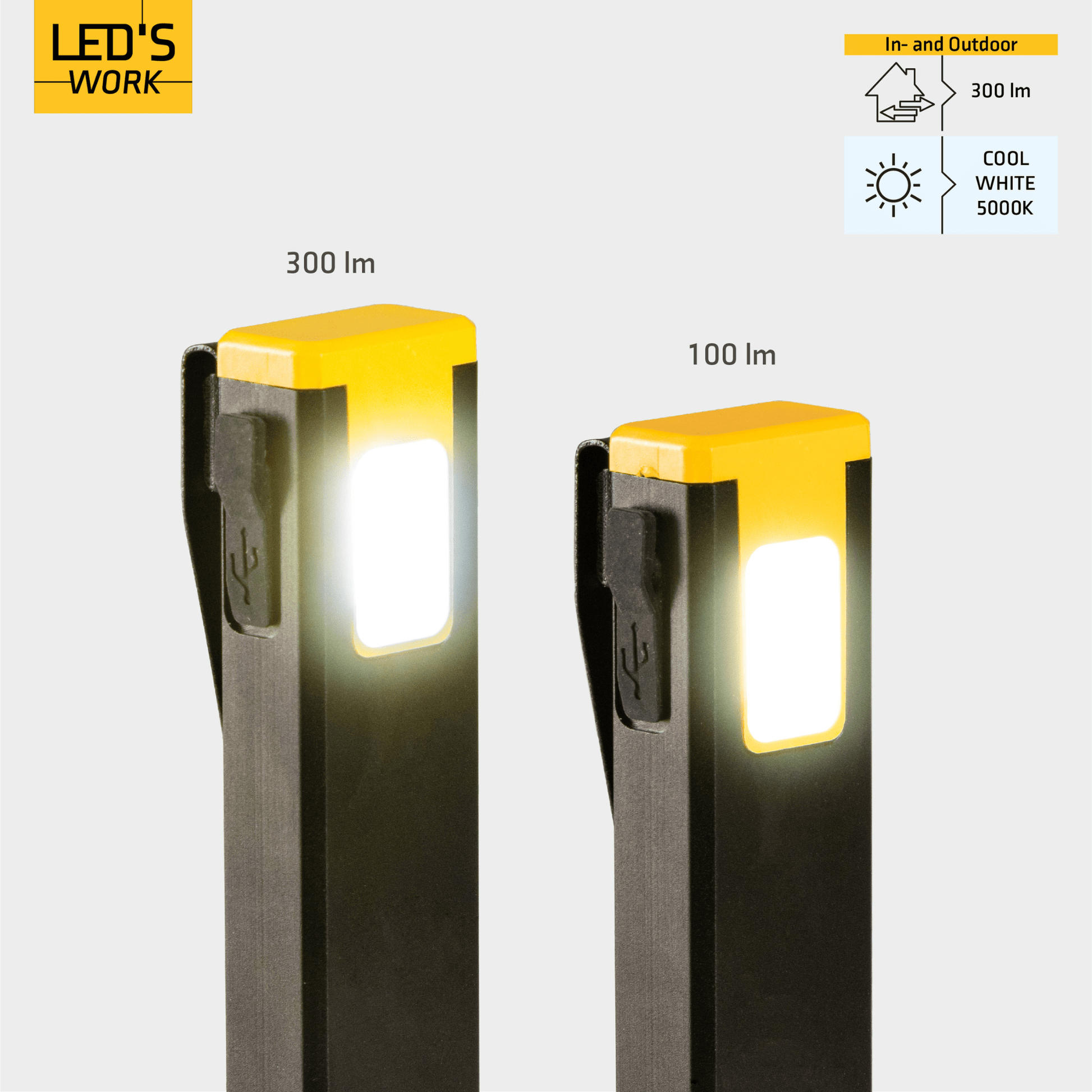 Een zwarte en gele LED-stoklamp met USB-oplaadfunctie, geschikt voor wandelingen en avondwandelingen. Zichtbaar in gebruik in de natuur en in de zak, met groene oplaadindicator.