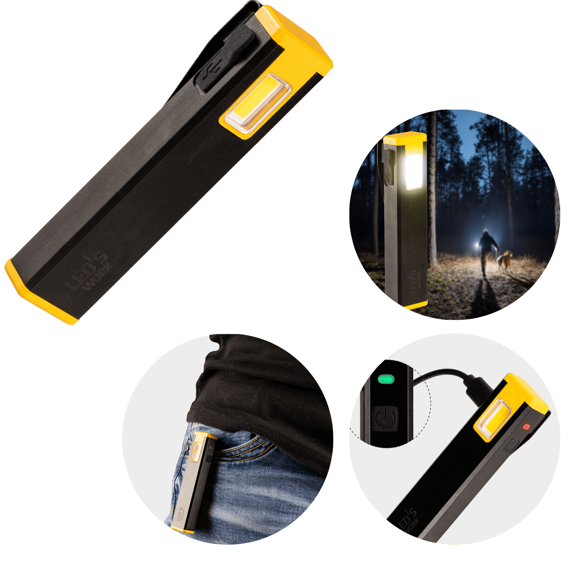 Een zwarte LED-lamp met gele accenten, geschikt voor wandelingen en avonturen. Zichtbaar in gebruik in de natuur, in de zak en bij opladen.