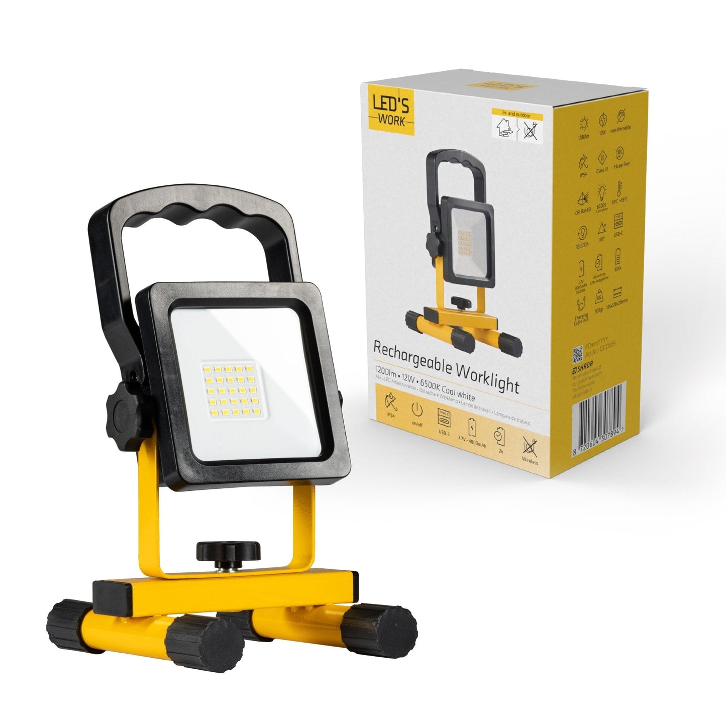 Een robuuste, gele LED werklamp met zwarte handgreep en voet, uitgerust met een schakelaar en verstelbare arm voor gebruik op bouwplaatsen of in garages.