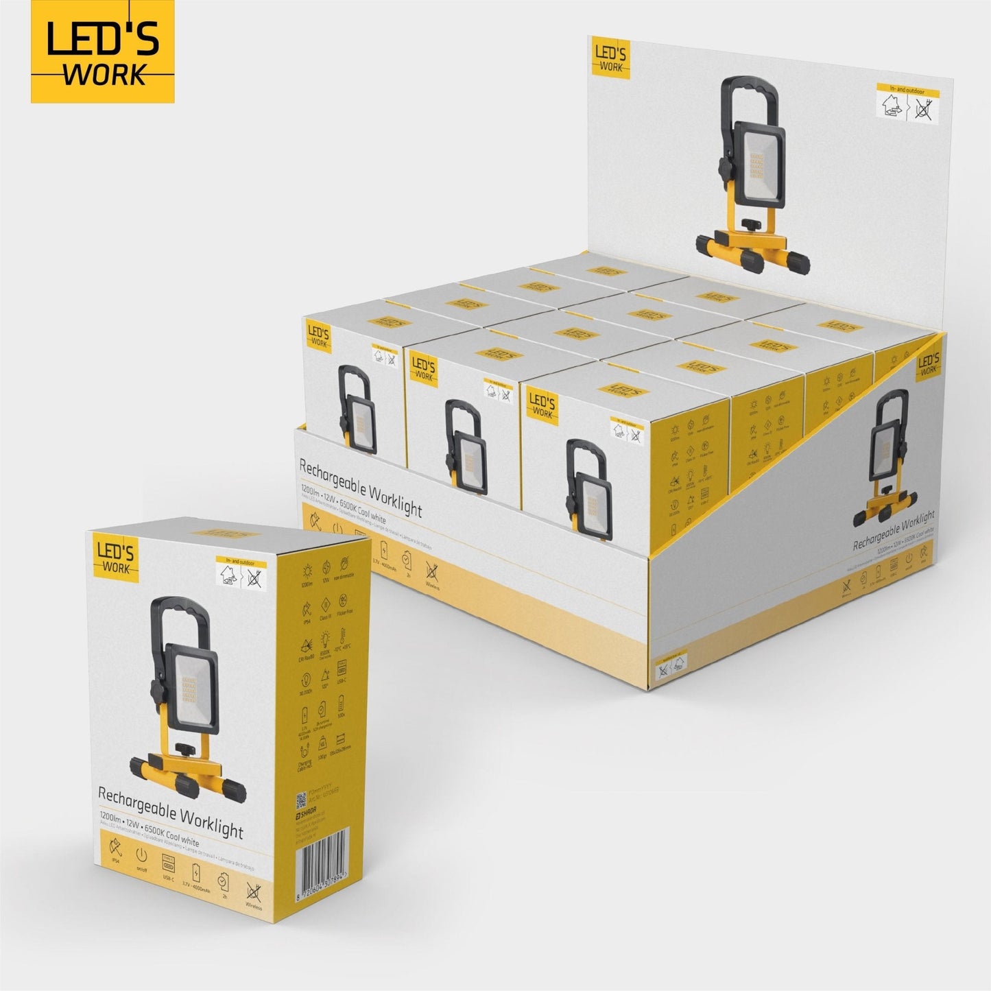 LED's Work draadloze LED Werklamp op accu 1200lm - Oplaadbaar en kantelbaar - Zwart geel