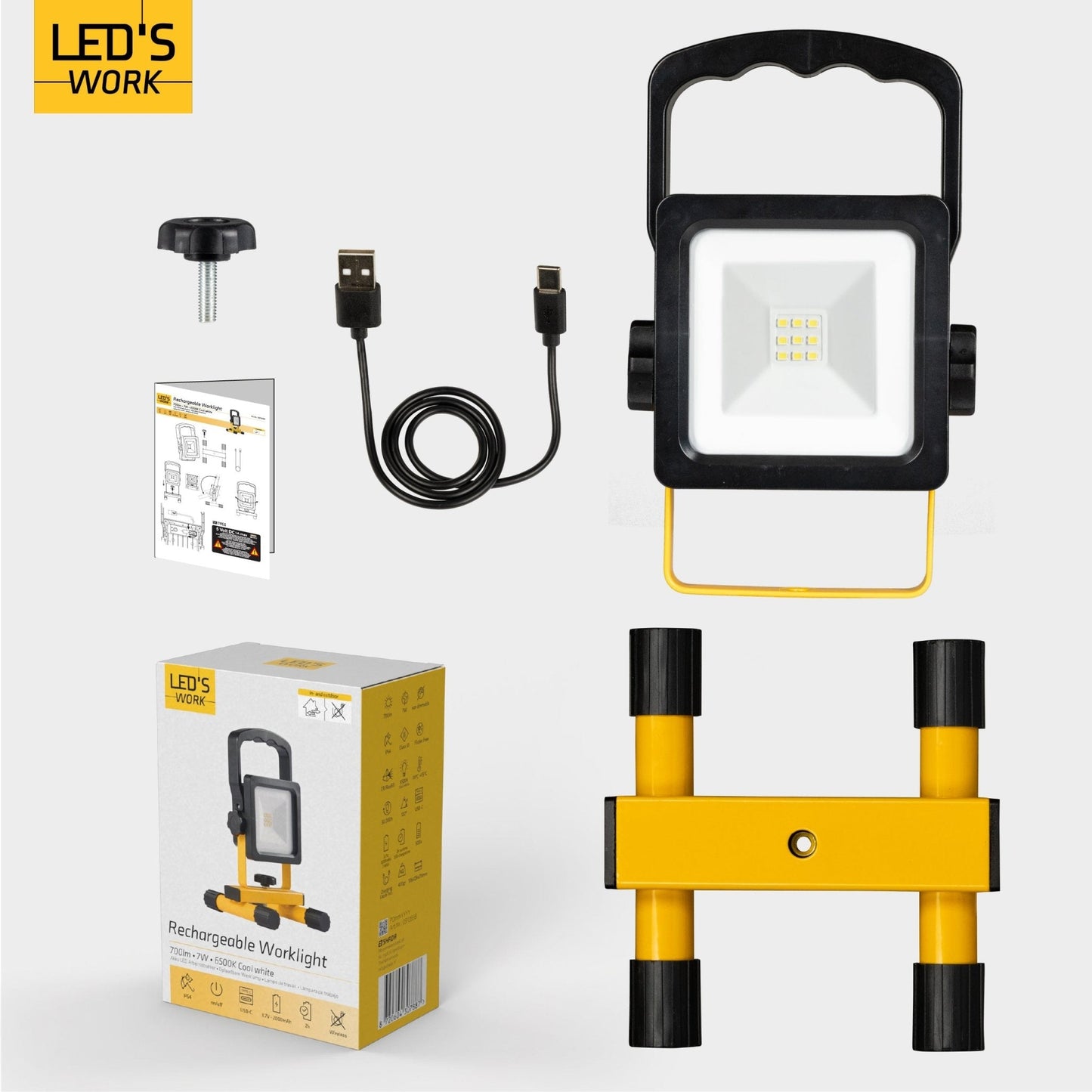 LED's Work draadloze LED Werklamp op accu 700lm - Oplaadbaar en kantelbaar - Zwart geel