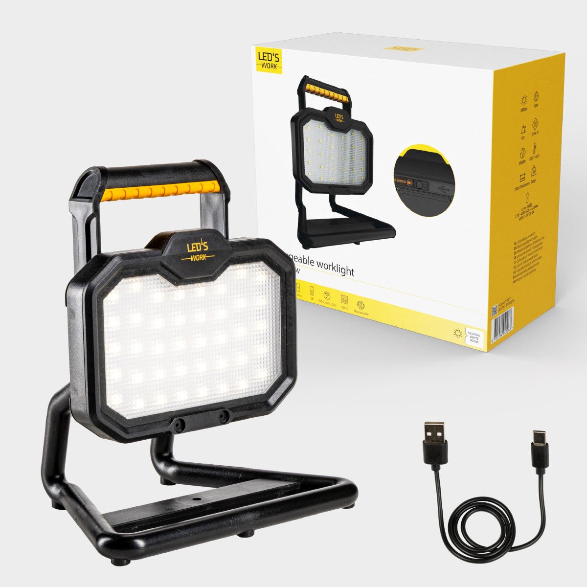 LED's Work LED oplaadbare Bouwlamp 20W 2000lm - Werkt draadloos op accu - Stof- en waterdicht - Inklapbaar