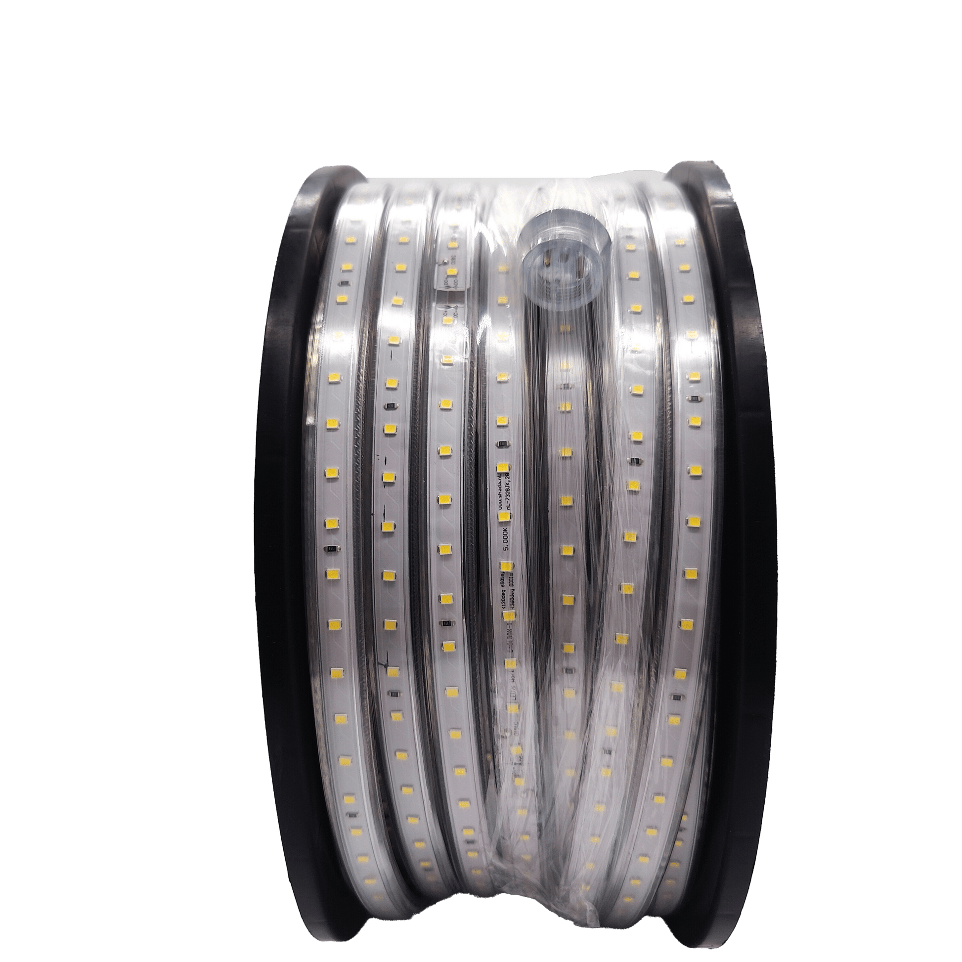 Een witte LED-streep met zichtbare gele diodes, opgerold op een zwarte spool met een gele label. Geschikt voor binnen- en buitengebruik, ideaal voor verlichting in woningen en commerciële ruimtes.