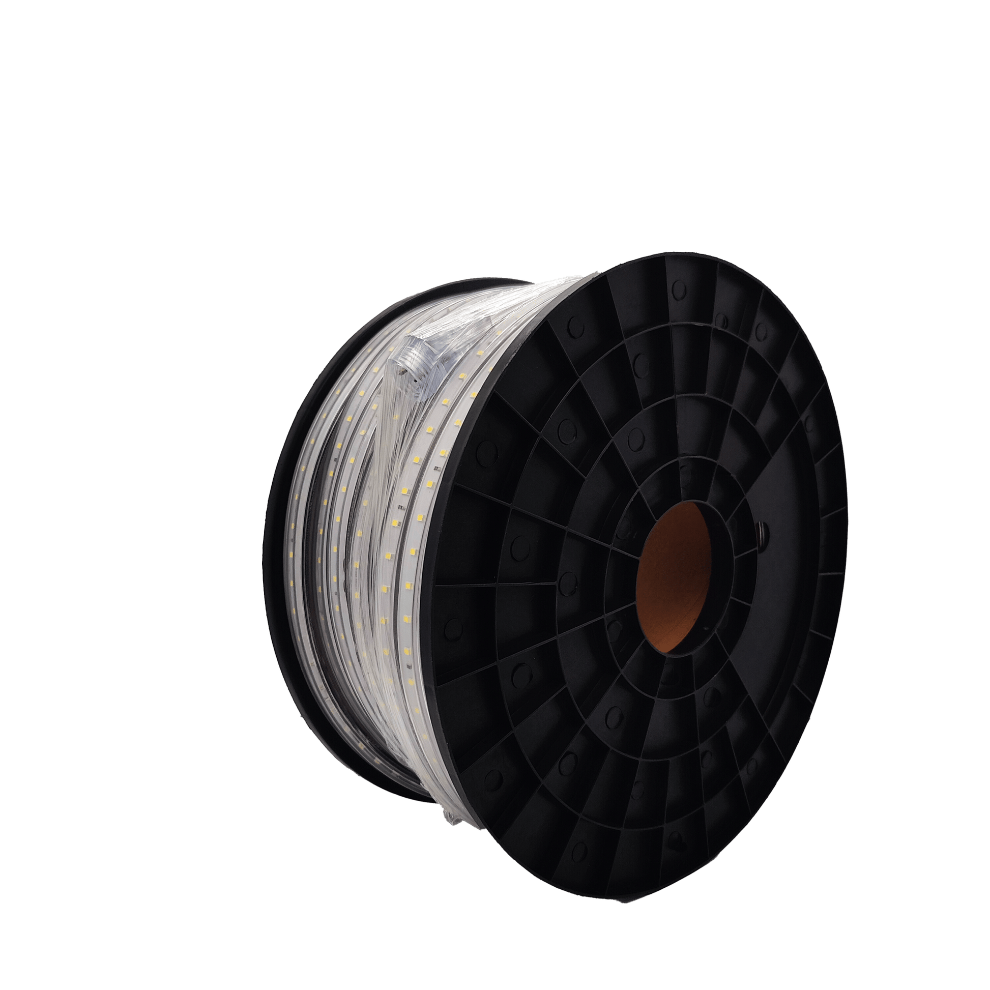 Een witte LED-streep met zichtbare gele diodes, opgerold op een zwarte plastic spool met een gele label. Geschikt voor binnen- en buitenverlichting, met flexibele, waterdichte behuizing.