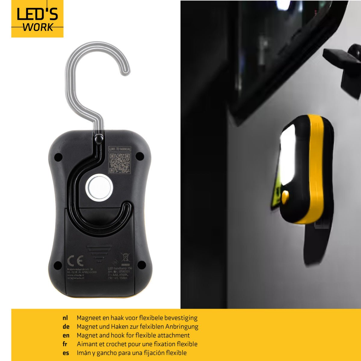 Zwarte en gele zaklamp met een heldere LED-verlichting en een opvallende gele knop. Geschikt voor gebruik in de garage of bij nachtelijke werken.
