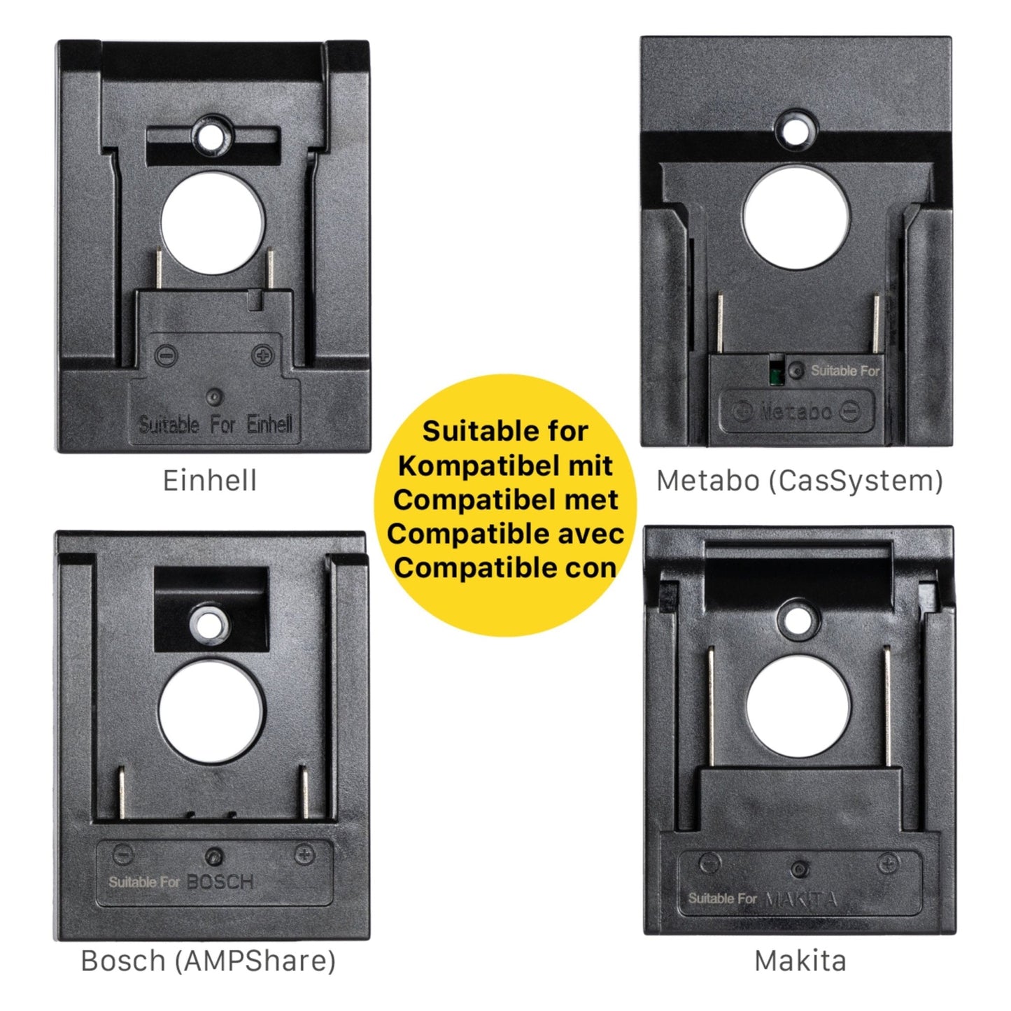 LED’s work werklicht met gele handgreep en zwarte kast, voorzien van vier adapters voor Bosch, Einhell, Makita en Metabo. Ideaal voor professionele werkomgevingen en onderhoudstaken.