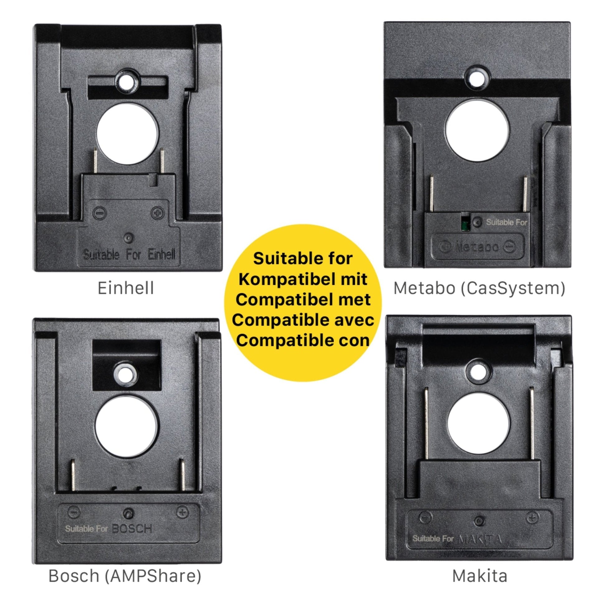 LED’s work werklicht met gele handgreep en zwarte kast, voorzien van vier adapters voor Bosch, Einhell, Makita en Metabo. Ideaal voor professionele werkomgevingen en onderhoudstaken.