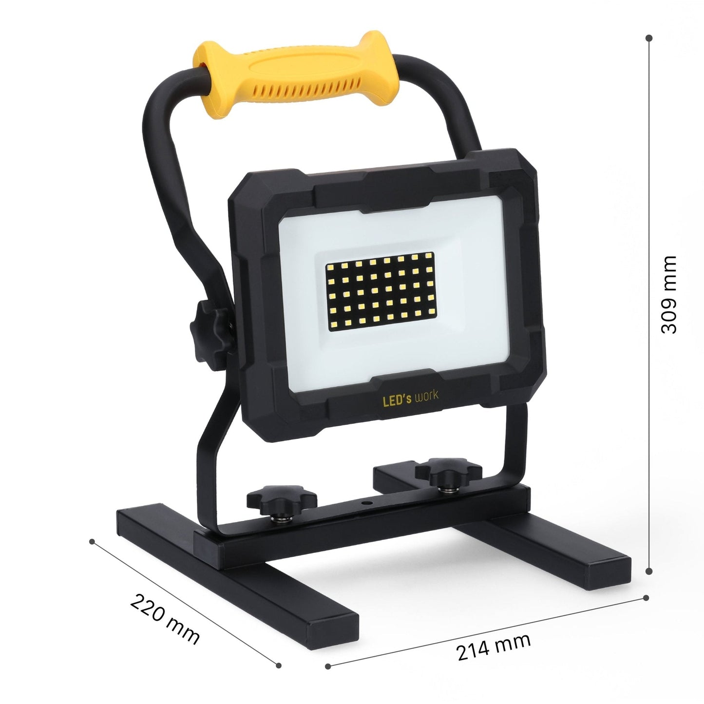 LED’s work werktuigverlichting met geïntegreerde gele handgreep en zwarte kast, uitgerust met vier adapters voor Bosch, Einhell, Makita en Metabo, geschikt voor professionele werkomgevingen en onderhoud.