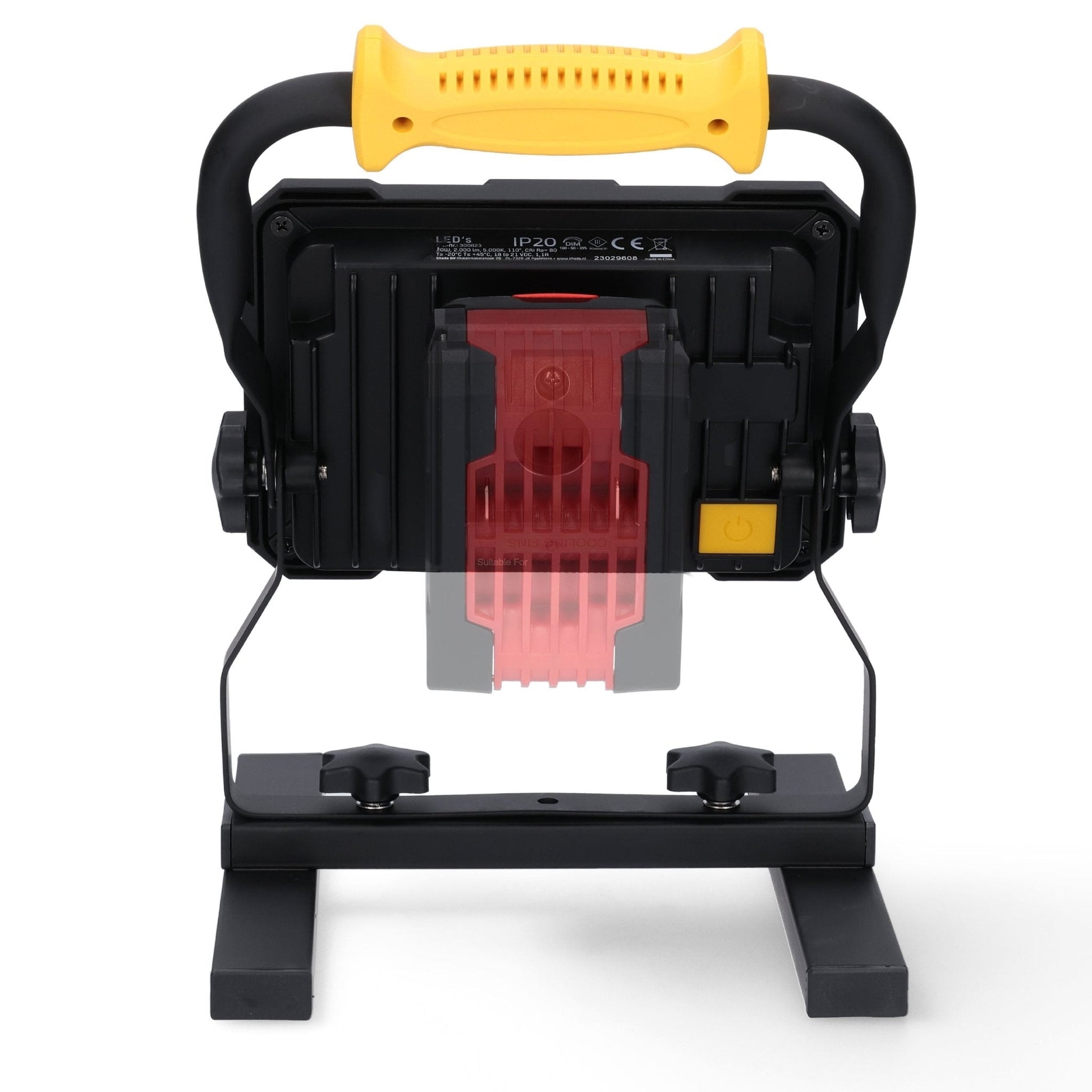 Zwart LED werklamp met geel handvat en vier aanpasbare houderblokken voor Bosch, Einhell, Makita en Metabo. Ideaal voor professionele werkomgevingen en mobiele werktuiginstallaties.
