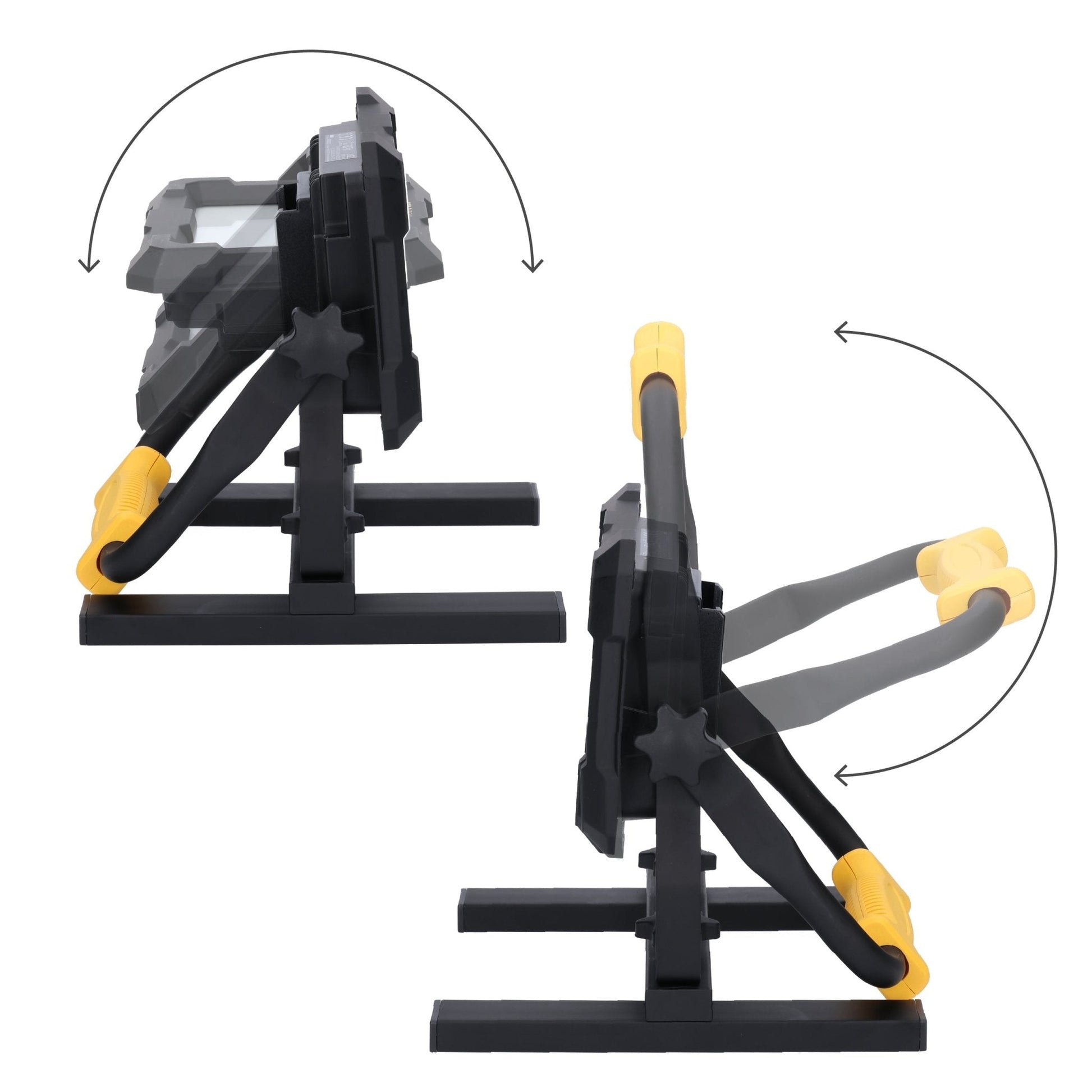 Zwart LED werklamp met geel handvat en vier aanpasbare houderblokken voor Bosch, Einhell, Makita en Metabo. Ideaal voor professionele werkomgevingen en onderhoudsprojecten.
