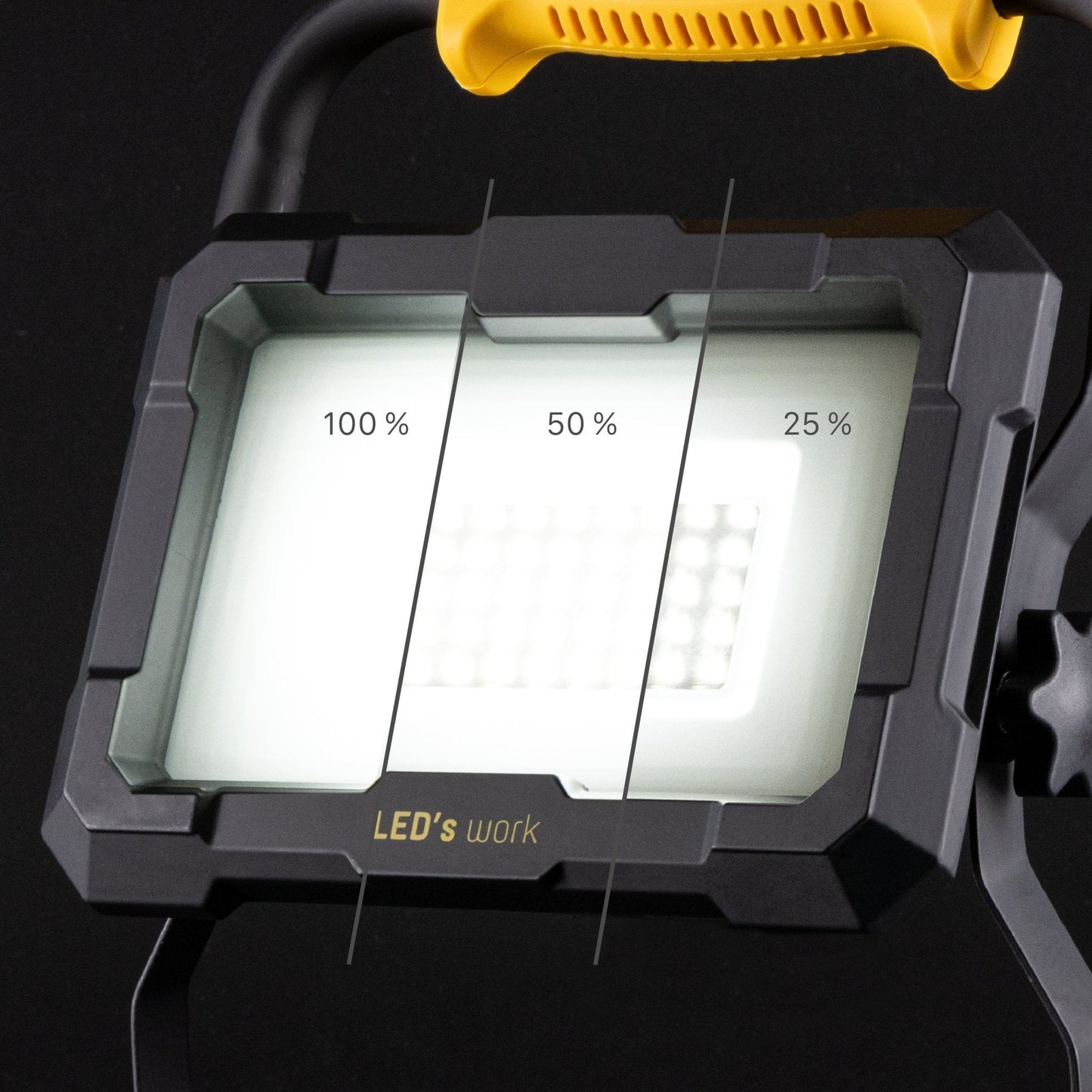 Zwart LED werklamp met geel handvat en vier aanpasbare houderblokken voor Bosch, Einhell, Makita en Metabo. Ideaal voor professionele werkomgevingen en werkplaatsverlichting.