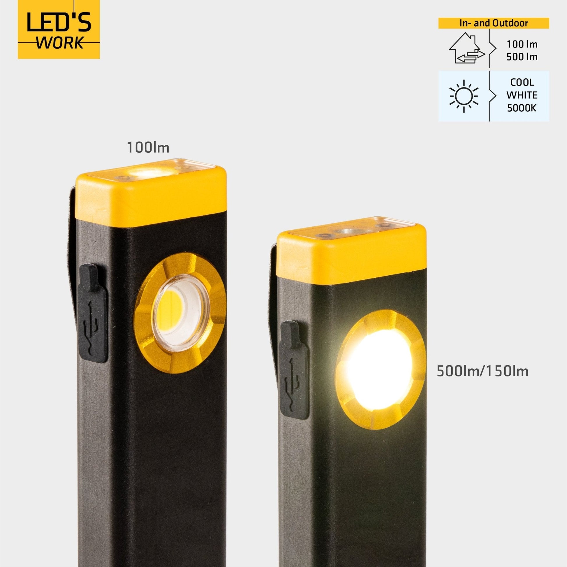 Een zwarte LED's Work zaklamp met gele accenten, USB-oplaadbaar en 100lm verlichting, geschikt voor wandelen of nachtwerkzaamheden in het bos.
