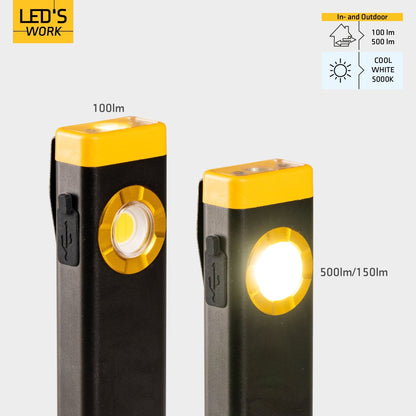 Een zwarte LED's Work zaklamp met gele accenten, USB-oplaadbaar en 100lm verlichting, geschikt voor wandelen of nachtwerkzaamheden in het bos.