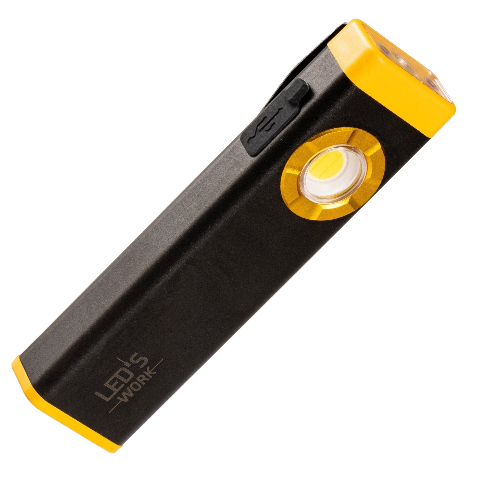 Een zwarte LED's Work zaklamp met gele accenten, USB-oplaadbaar en 100lm verlichting. Geschikt voor wandelingen en avondwandelingen in het bos.