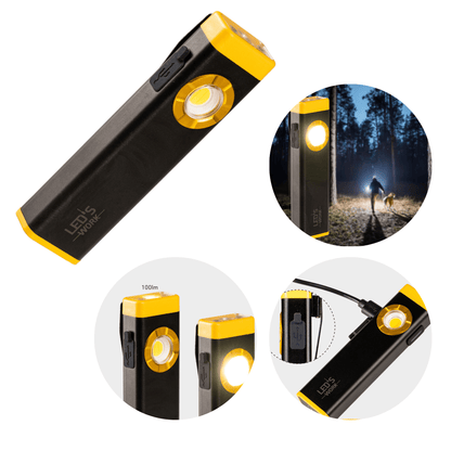 Zwart en geel LED’s Work zaklamp met USB-oplaadfunctie en 100lm verlichting, geschikt voor wandelen en avondwandelingen in het bos.