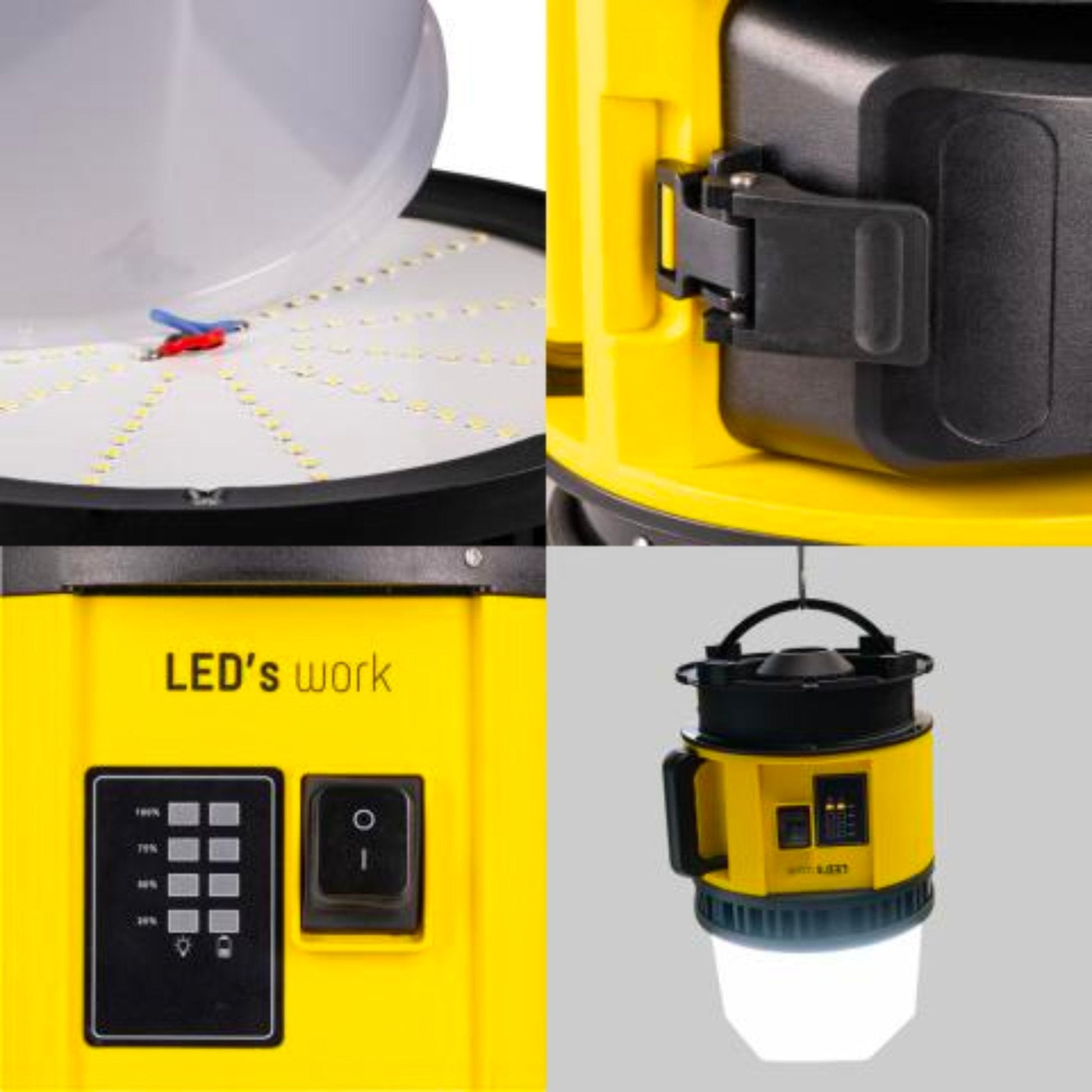Een gele en zwarte batterijoplaadbare werklamp met witte kap en rode accu-connector, geschikt voor industriële of bouwtoepassingen. De lamp heeft een afneembare zwarte houder en een duidelijke installatiepuntwijzer.