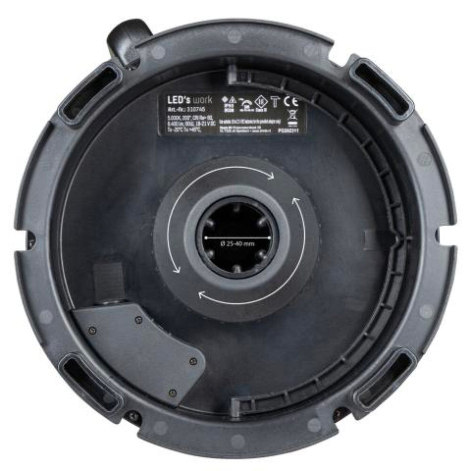 Een gele en zwarte batterijoplaadbare werklamp met witte kap en rode accu-connector, geschikt voor bouw- en onderhoudsprojecten. Geen accu meegeleverd.