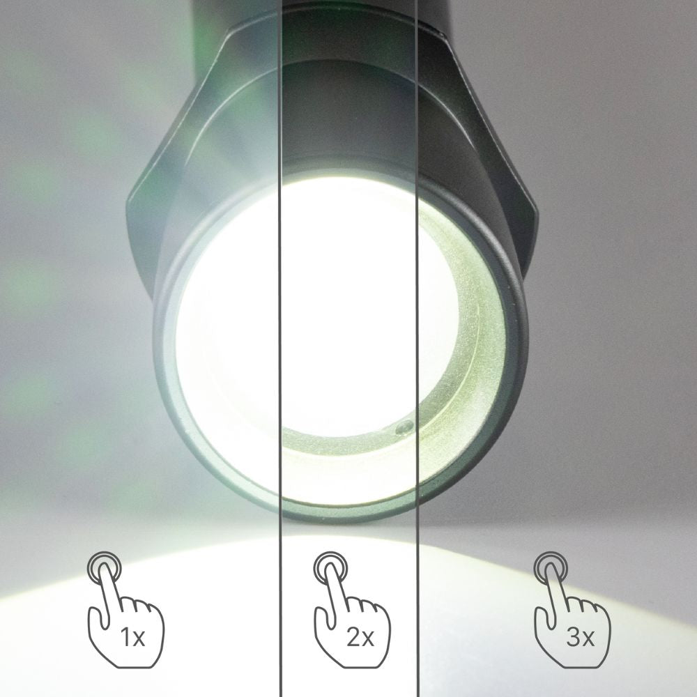 Zwarte, matte zaklamp met textuurrijke grip en zichtbare focusring, geschikt voor avondwandelingen en nachtverlichting. Robuust ontwerp met metalen details voor betrouwbare prestaties in het donker.