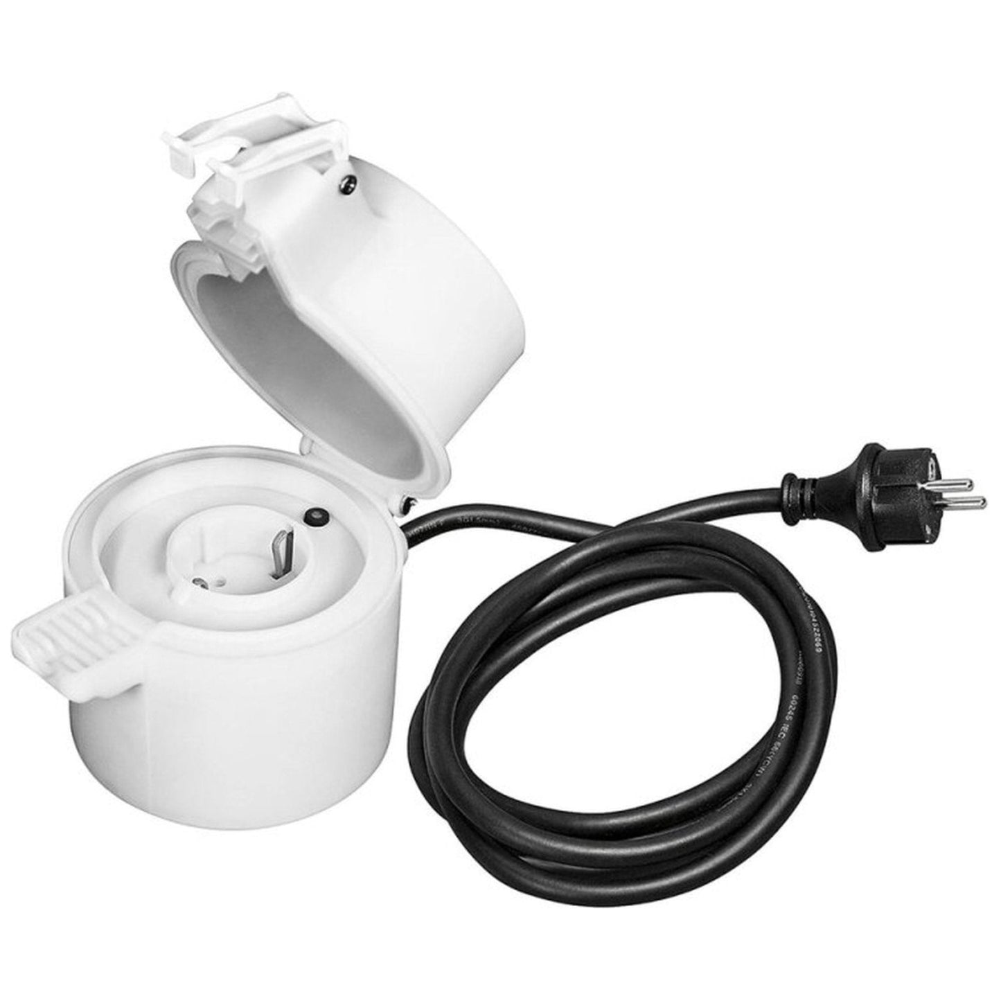 Wit plastic buitenstopcontact met afneembare deksel en zwarte stekkerkabel, geschikt voor gebruik in tuin of op campingplaats.