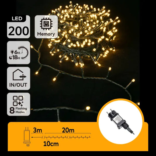 Lichtstring warmwit 23 meter (3+20) - 200 LED's | waterdicht IP44 | 230VAC - 24V | met timer 6u aan/18u uit