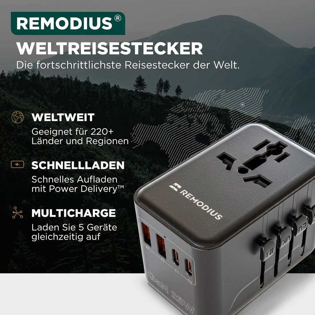 Comnox - Remodius® Wereldstekker - Laad 5 apparaten tegelijk - Universele reisadapter