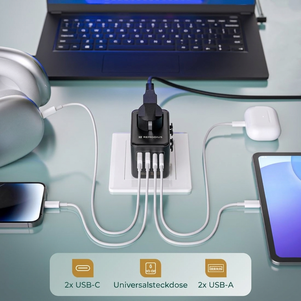 Comnox - Remodius® Wereldstekker - Laad 5 apparaten tegelijk - Universele reisadapter