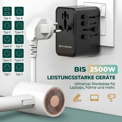 Comnox - Remodius® Wereldstekker - Laad 5 apparaten tegelijk - Universele reisadapter