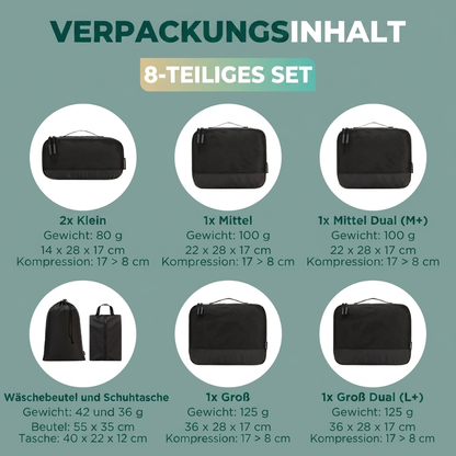 Comnox - Packing Cubes Set van 8 - Georganiseerd reizen met compressie - Zwart Nylon & Mesh