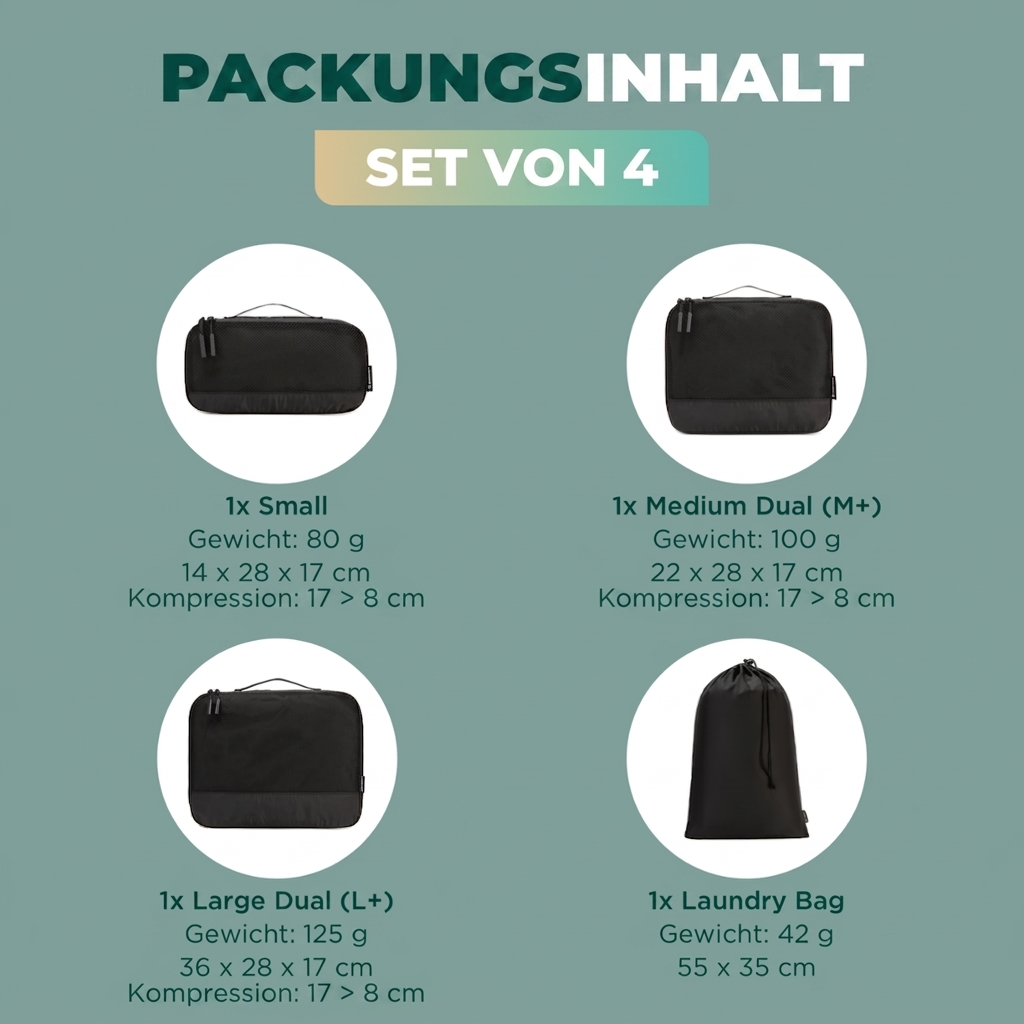 Comnox - Packing Cubes Set van 4 - Slimme reisorganisatie - Zwart met compressie