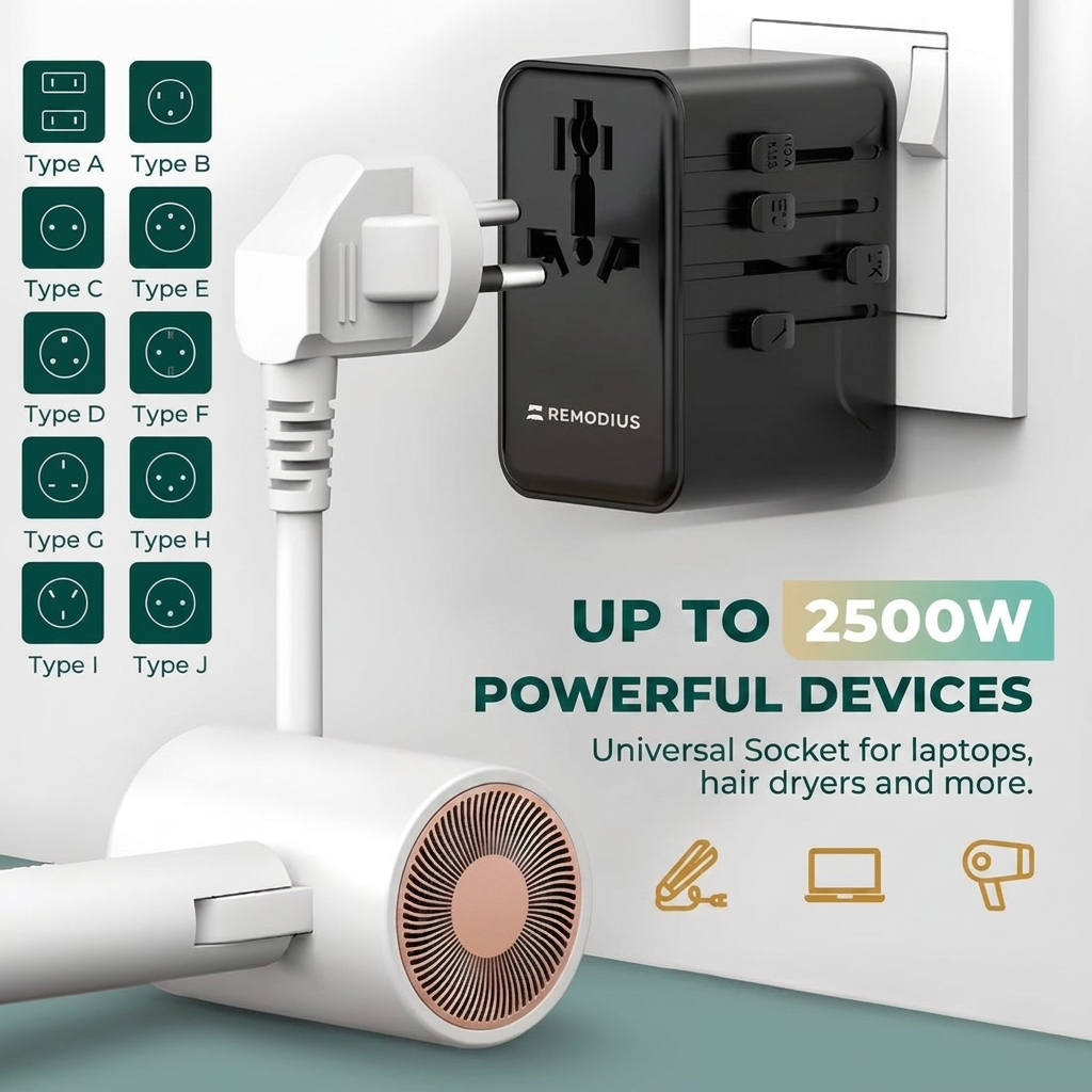 Comnox - Remodius® Wereldstekker - Laad 5 apparaten tegelijk - Universele reisadapter