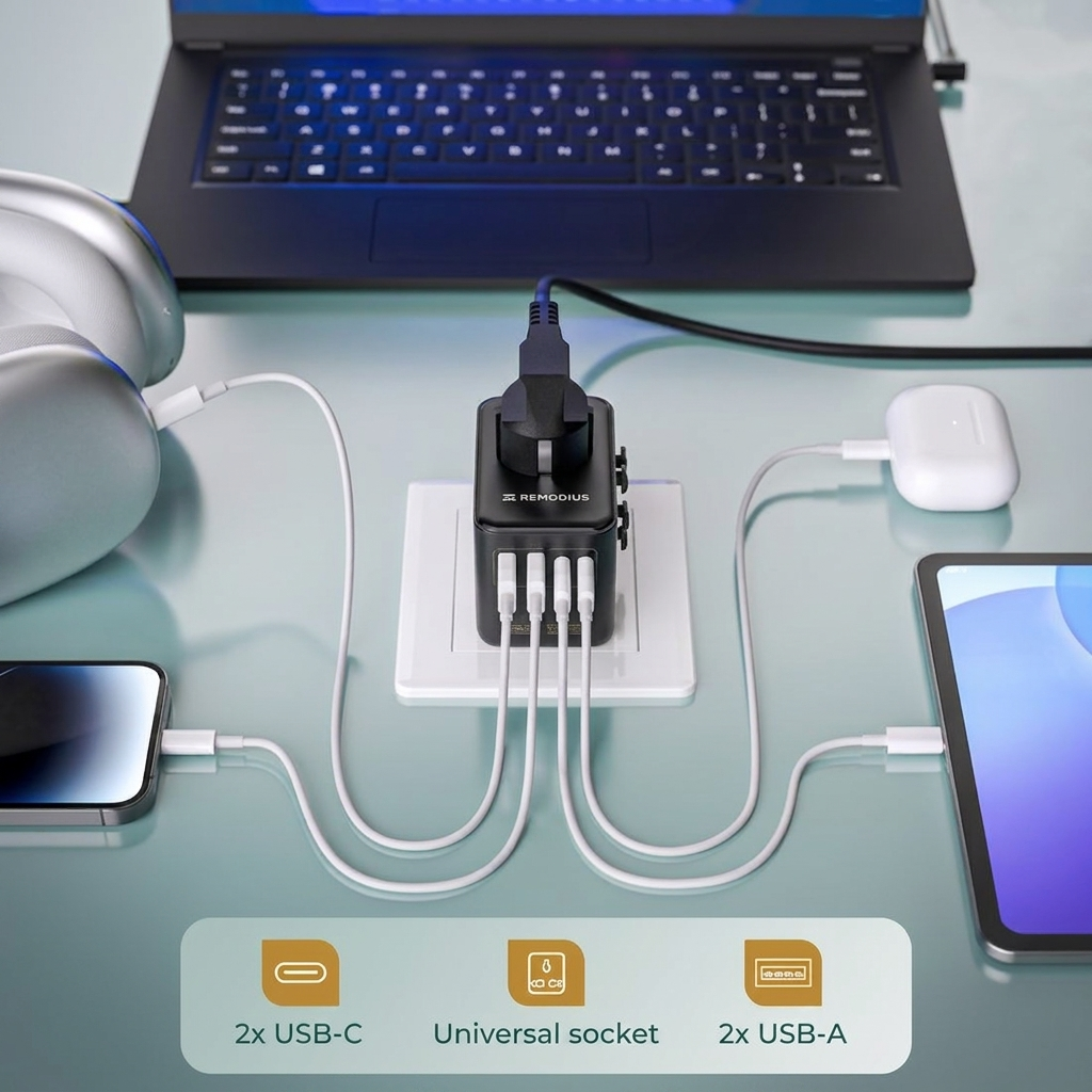 Comnox - Remodius® Wereldstekker - Laad 5 apparaten tegelijk - Universele reisadapter
