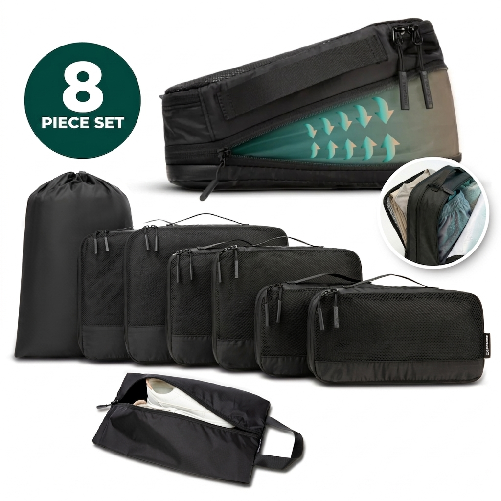 Comnox - Packing Cubes Set van 8 - Georganiseerd reizen met compressie - Zwart Nylon & Mesh
