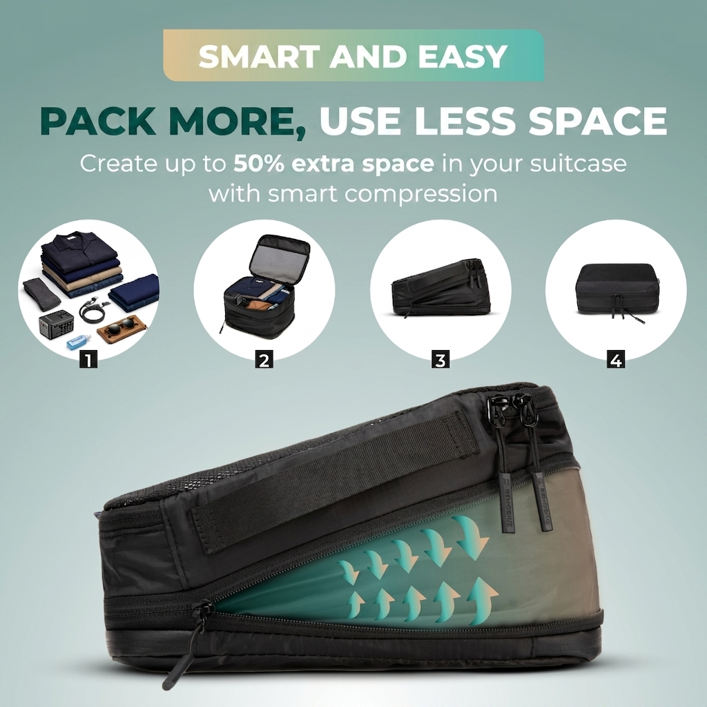 Comnox - Packing Cubes Set van 4 - Slimme reisorganisatie - Zwart met compressie