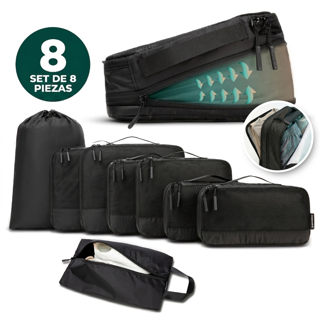 Comnox - Packing Cubes Set van 8 - Georganiseerd reizen met compressie - Zwart Nylon & Mesh