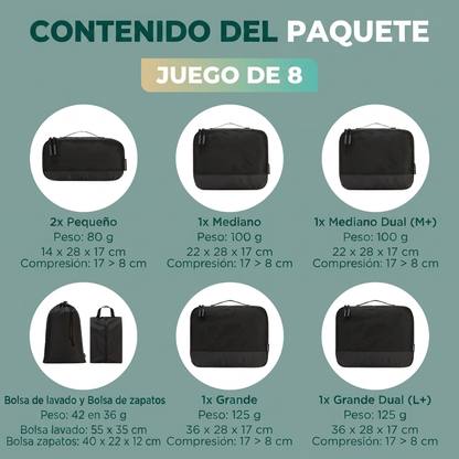 Comnox - Packing Cubes Set van 8 - Georganiseerd reizen met compressie - Zwart Nylon & Mesh