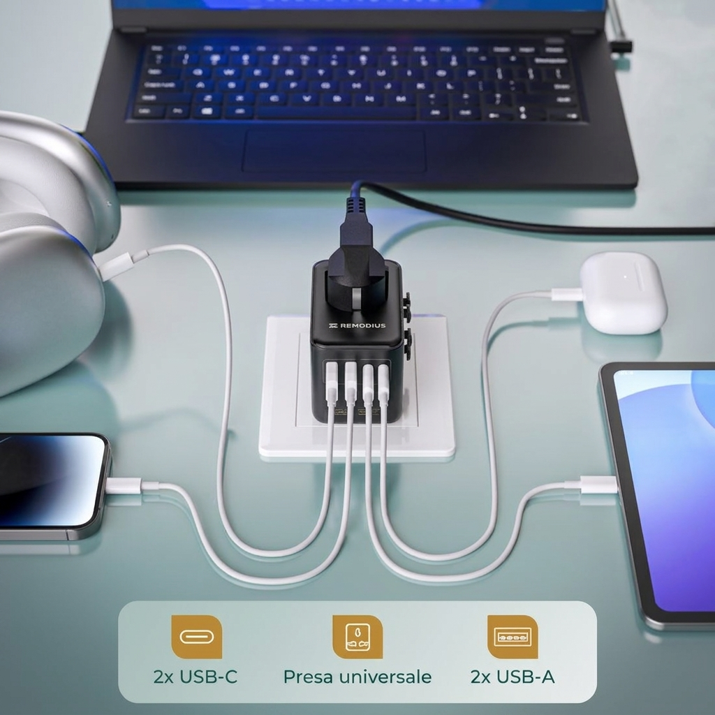 Comnox - Remodius® Wereldstekker - Laad 5 apparaten tegelijk - Universele reisadapter