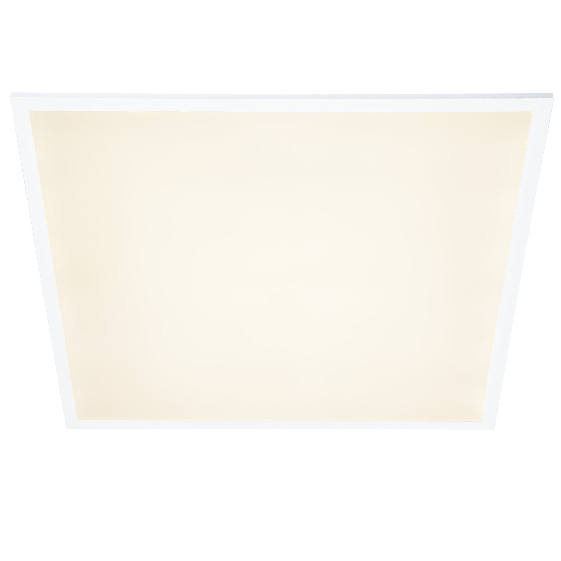 Een witte, rechthoekige plafondlamp met een gladde, diffuus verlichte oppervlakte en een dunne rand. Geschikt voor moderne interieurs en als energiezuinige verlichting in kantoren of woonruimtes.