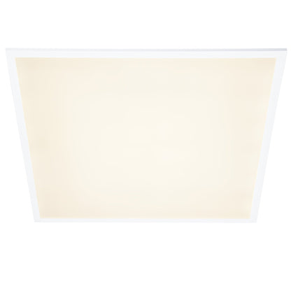 Een witte, rechthoekige plafondlamp met een gladde, diffuus verlichte oppervlakte en een dunne rand. Geschikt voor moderne interieurs en als energiezuinige verlichting in kantoren of woonruimtes.