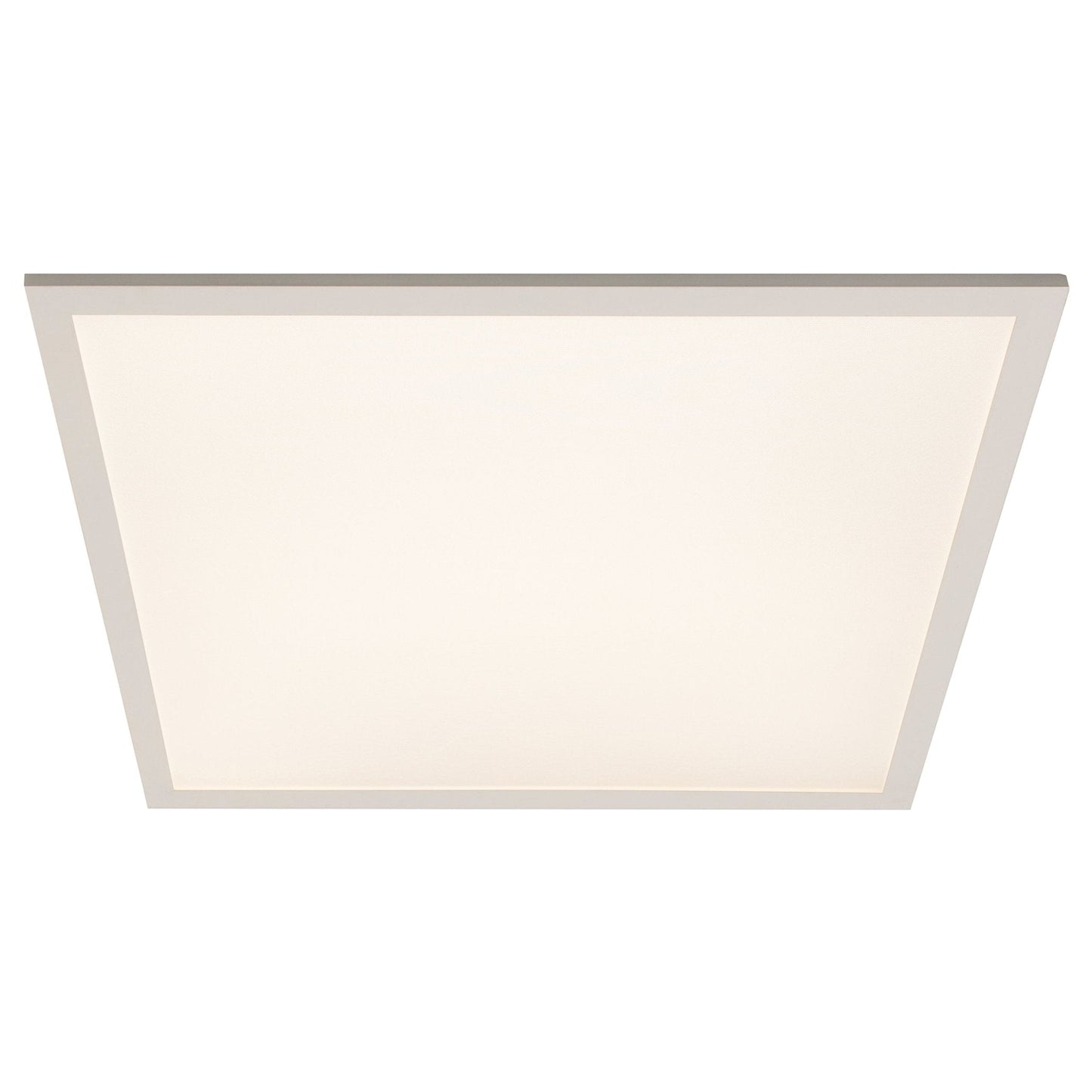 Een witte, rechthoekige plafondlamp met een zacht, diffuus licht en een dunne, zilverkleurige rand. Geschikt voor moderne interieurs en als energiezuinige verlichting in woon- en werkkamers.