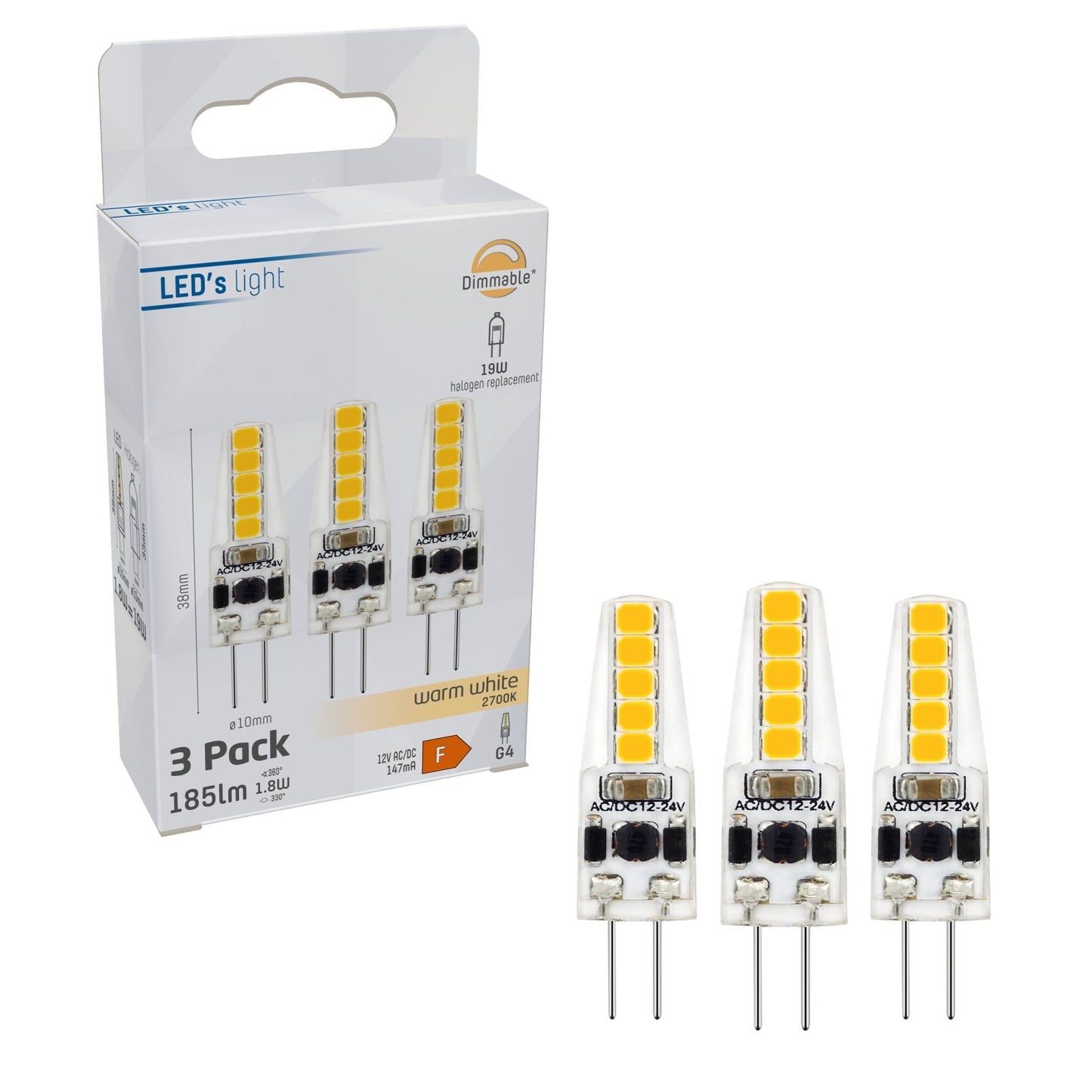 LongLife LED Steeklamp G4 - 12V - Dimbaar warm wit licht - 1.9W (20W) - 3 lampjes