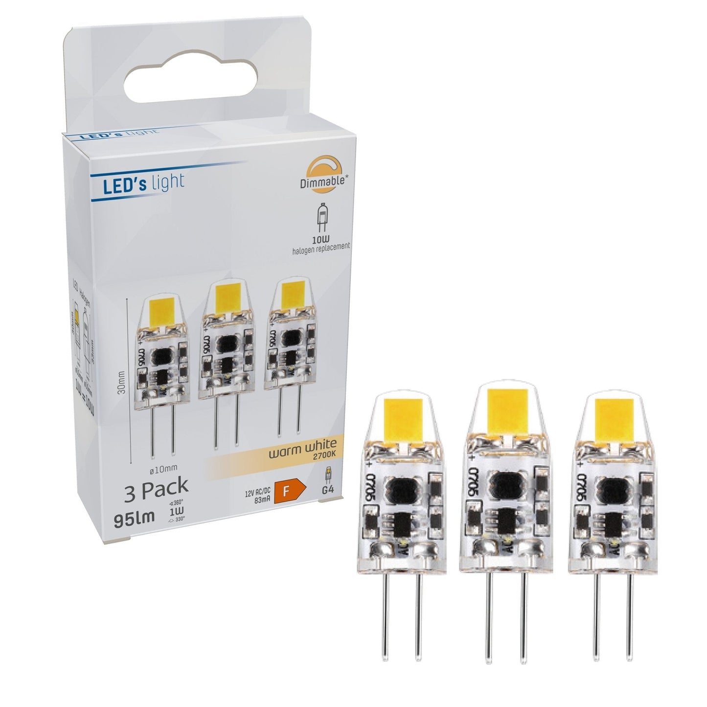 G4 LED Lampen - 12V - 1W vervangt 10W - Warm wit licht - 3PACK