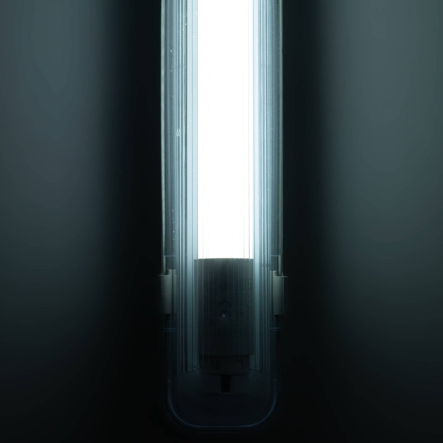Een witte, 120 cm lange LED-verlichtingsbuis met glazen beschermkap en zichtbare aansluiting, geschikt voor professionele ruimtes zoals kantoren of magazijnen.