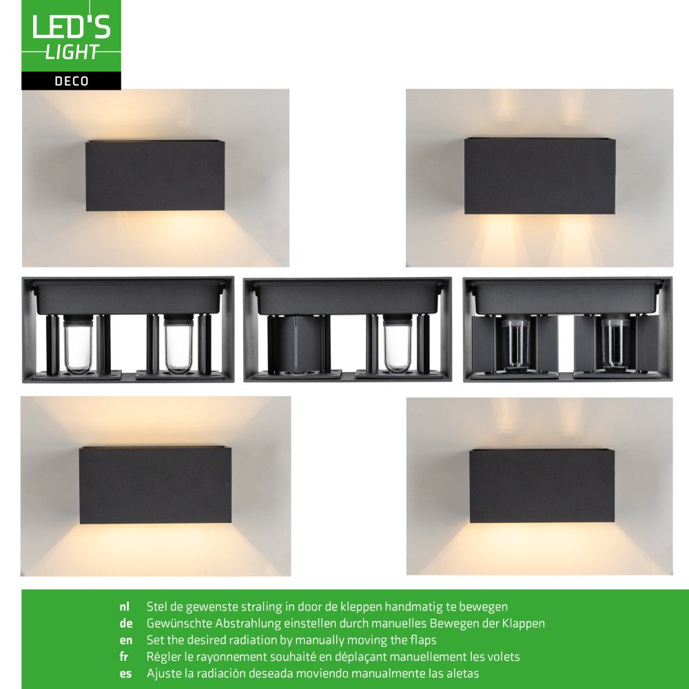 Een moderne, zwart matte wandlamp met warm wit licht, bevestigd aan een bakstenen muur. Ideaal voor buitenverlichting en moderne tuin- of terrasdecoratie.